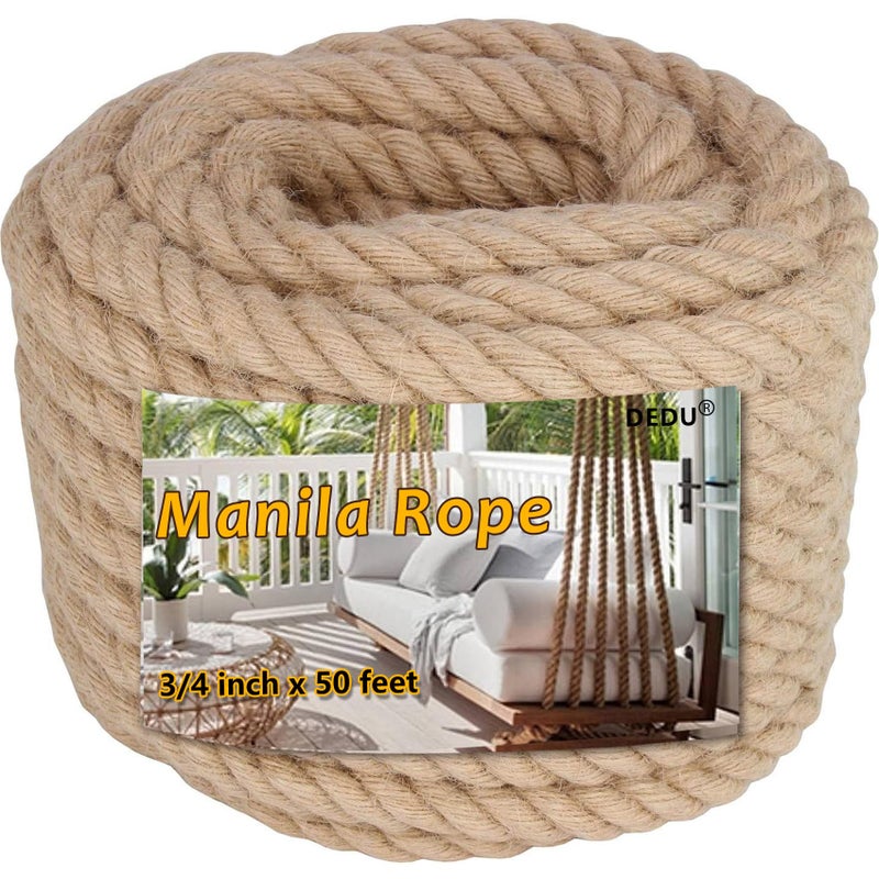 DEDU Manila Rope 3/4 Inch X 50 Ft, Natural Hemp Rope Twisted 4 Strand, Thick for Crafts Heavy Duty Multipurpose for Swing Bed, Camping, Tug of War, Docks, DIY Projects. - Image 1
